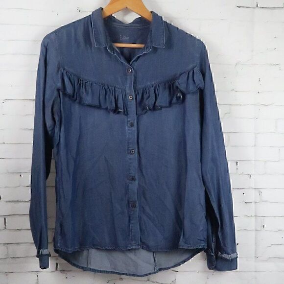 LEE BLUE DENIM LONG SLEEVE BUTTON DOWN WESTERN RUFFLE SHIRT SIZE MEDIUM - Picture 1 of 10
